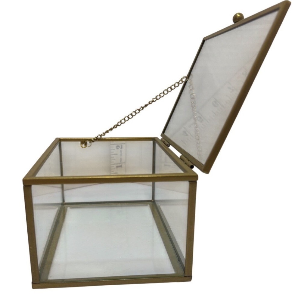 Gold Brass Glass Jewelry Box Rectangular Hinged Display Keepsake Case Vintage - Picture 6 of 10